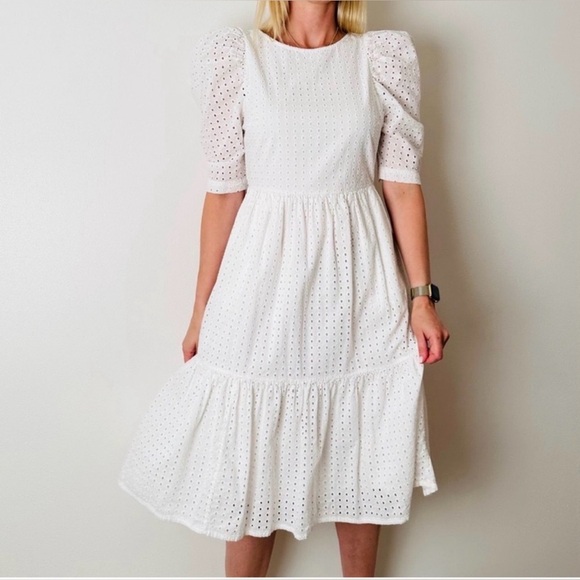 a new day Dresses & Skirts - A New Day White Eyelet Midi Dress 100% Cotton Puff Sleeve Pockets LWD Bride L